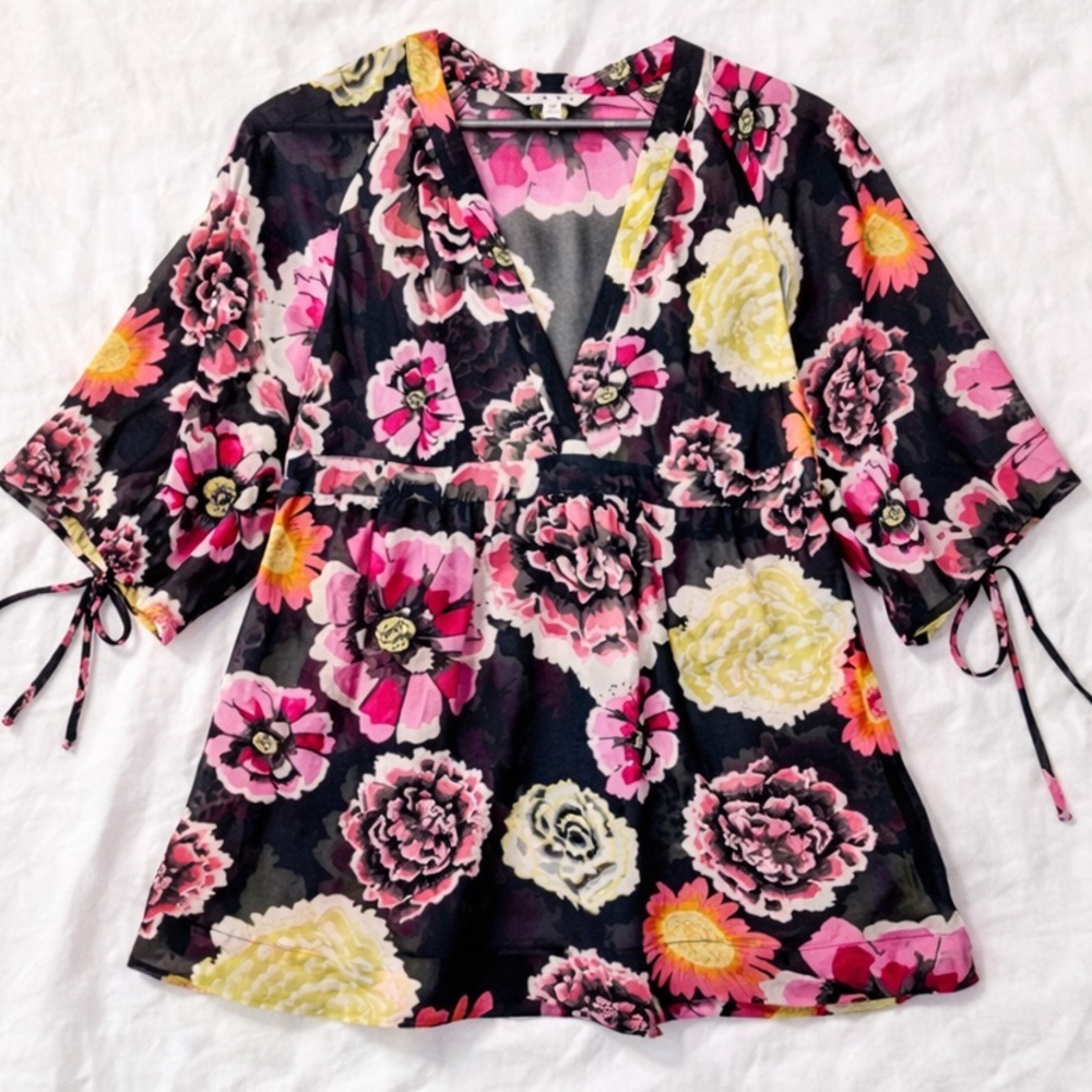 Cabi Sheer Floral Boho Peasant Tunic V Neck Pink Black Flowing Semi Sheer Med